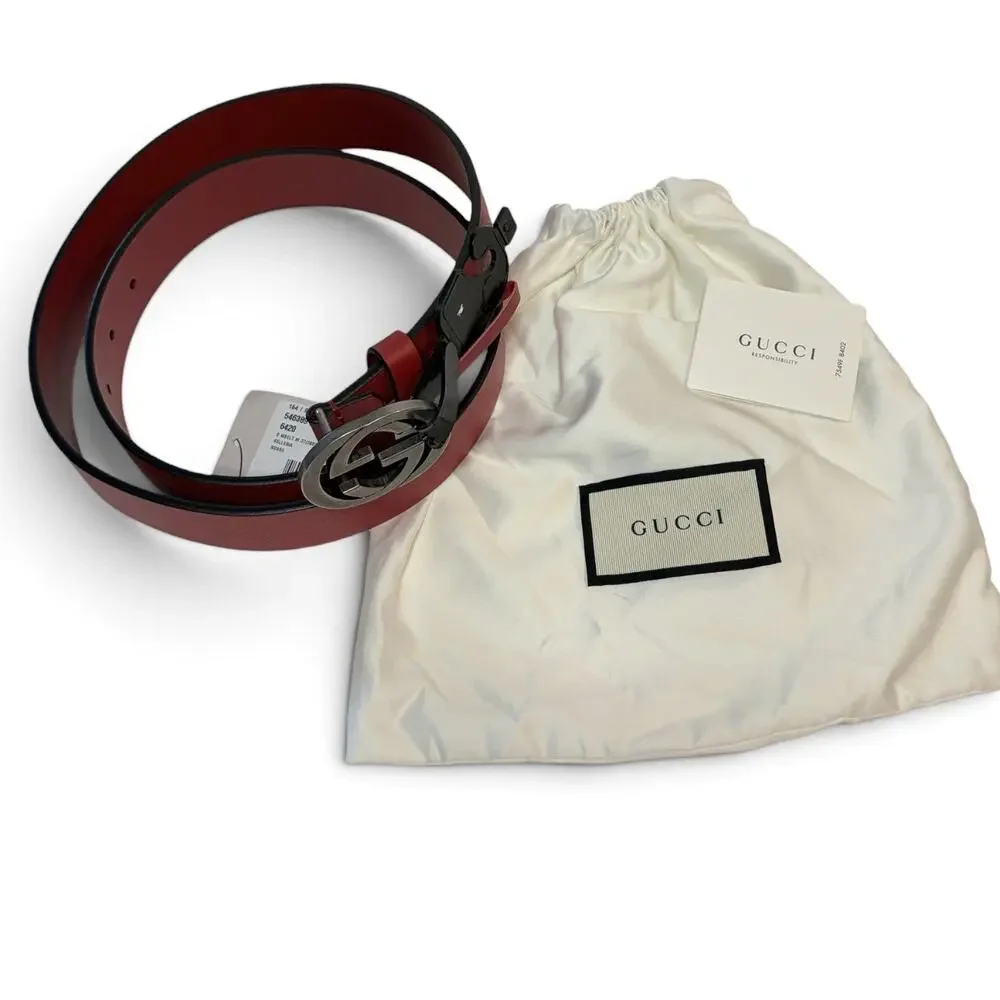 Gucci Interlocking G Red Leather Belt Silver Buckle Size 95/38 NWT Authentic